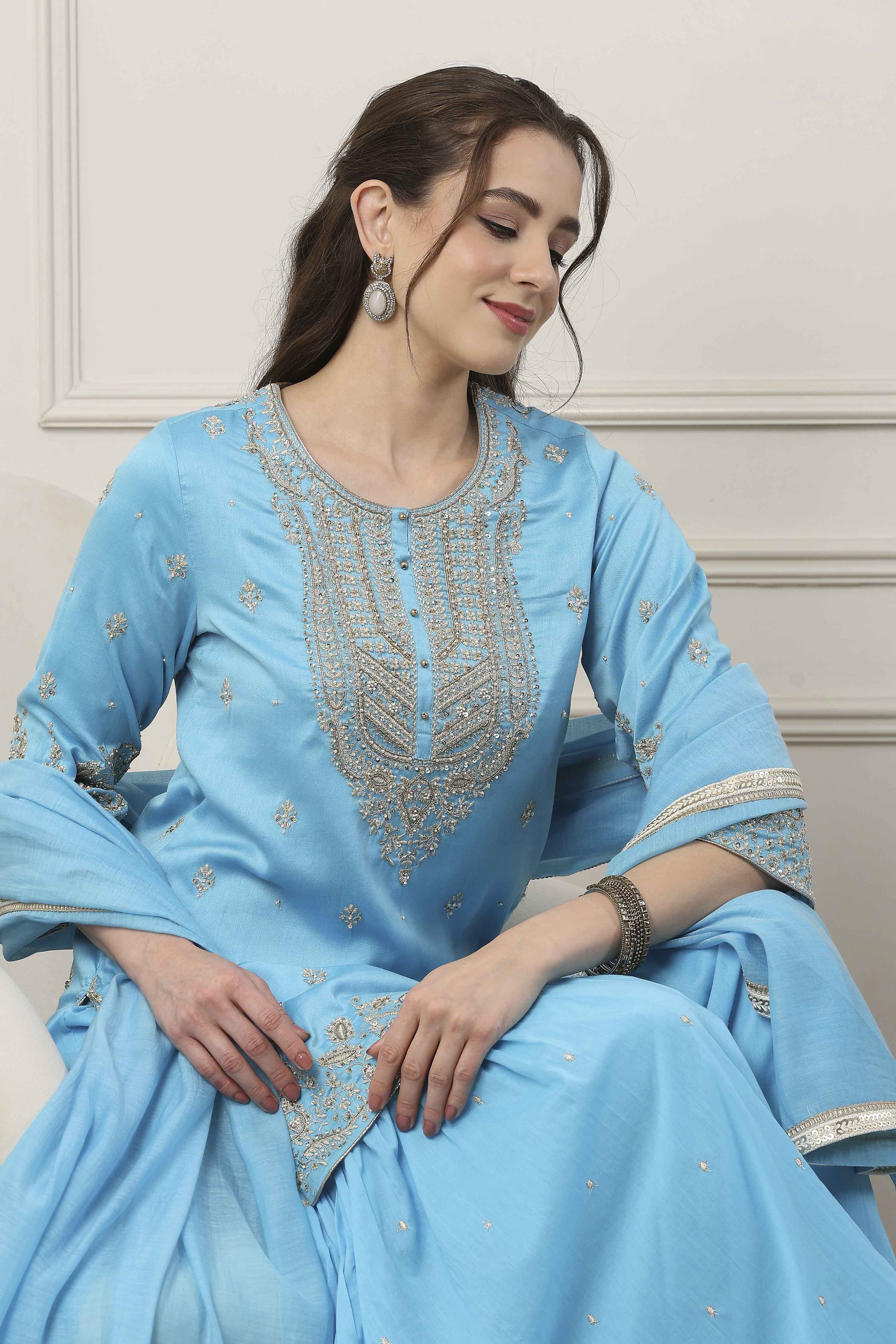 Yellow Silk Chanderi Sequin Embroidered Straight Suit Set image number 0
