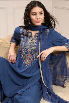Navy Blue Embroidered Straight Suit Set image number 0