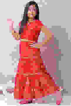 Red Art Silk Printed Short Top Lehenga Set image number 5