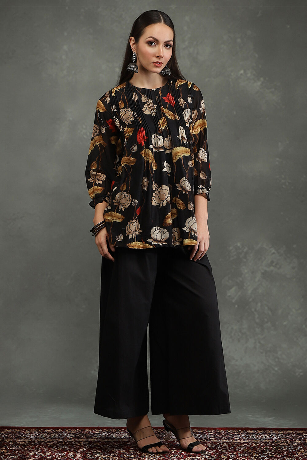 Black Silk Chanderi Floral Printed Gathered Co-ord Set image number 5