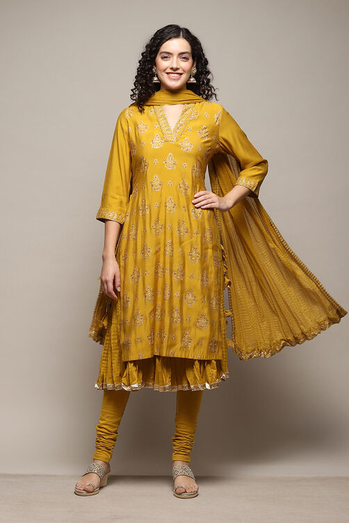 Lime Yellow Silk Layered Kurta Churidar Suit Set image number 0