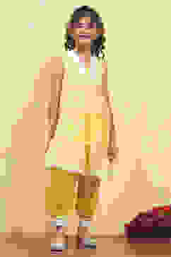 Yellow Cotton Tiered Printed Kurta Salwar Set image number 6