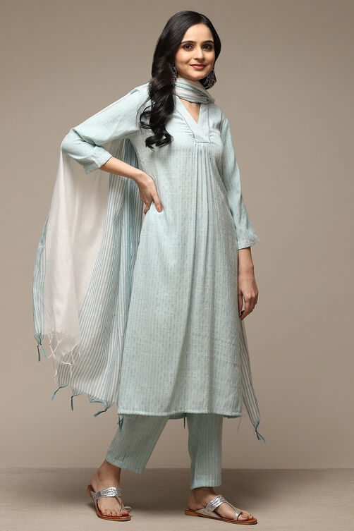 Blue Viscose Straight Kurta Pants Suit Set image number 6