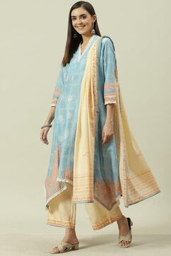 Pale Blue Printed Cotton Kalidar Suit Set image number 5