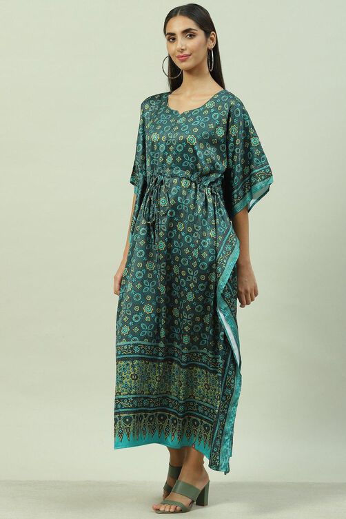 Forest Green Art Silk Printed Nightwear image number 2