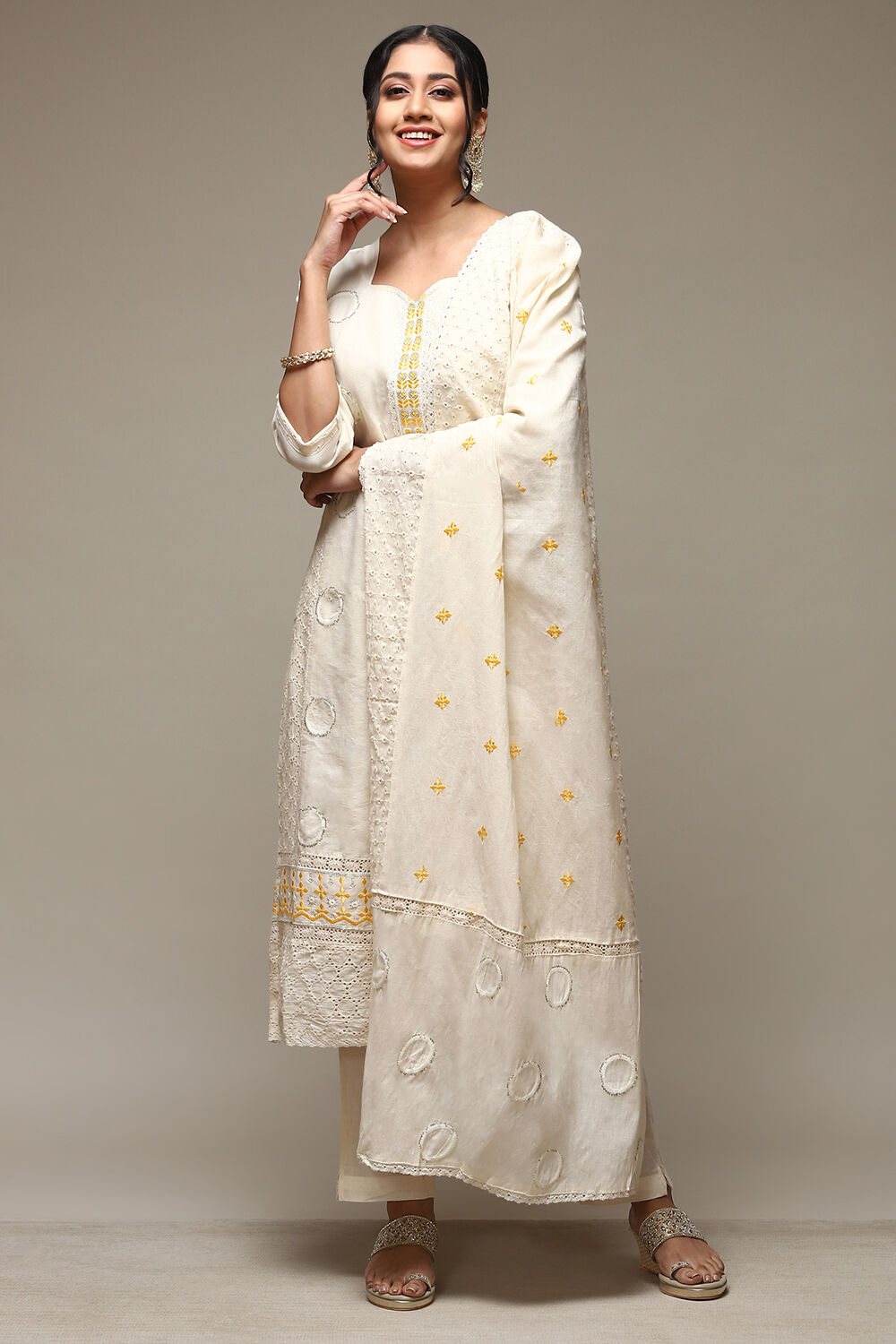 Off White Cotton Schiffly Unstitched Suit Set image number 5