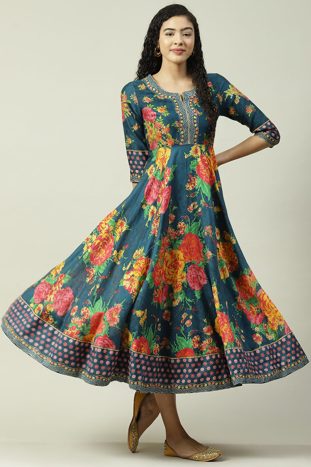 Red Cotton Flared Fusion Printed Dress image number 5