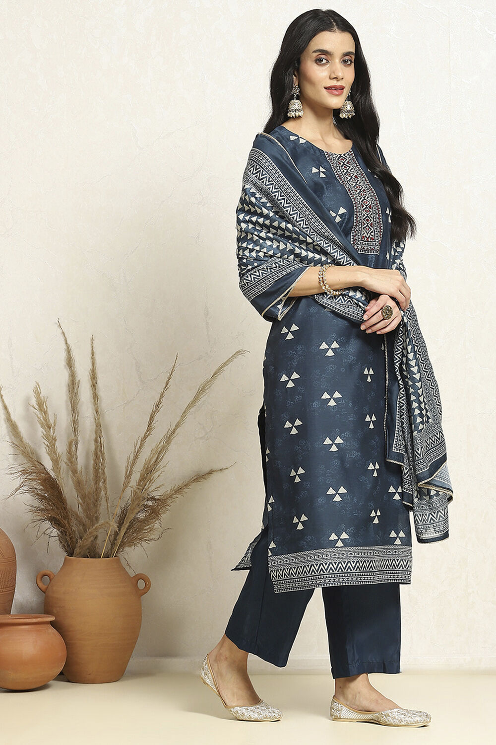 Blue Chanderi Geometric Printed Unstitched Suit Set image number 7