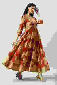Wine Art Silk Flared Fusion Printed Dress image number 3