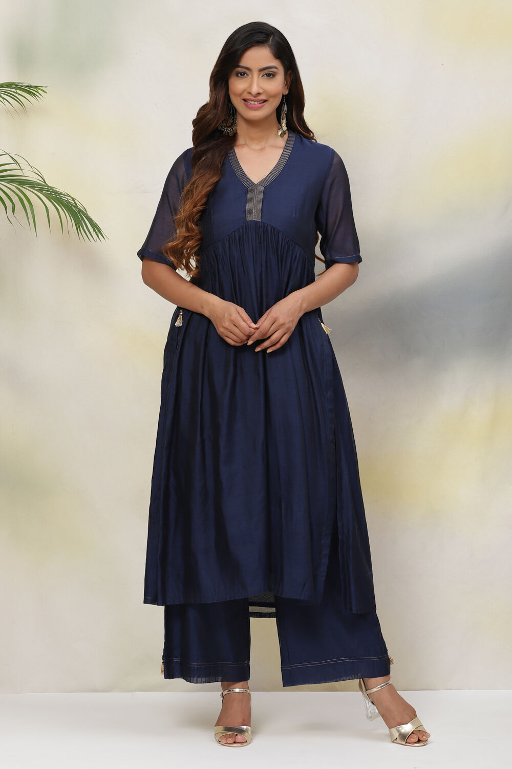 Navy Flared Art Silk Fusion Wear 2 Piece Set image number 4