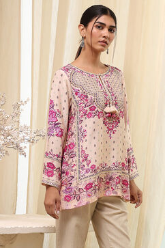 Off-White and Pink Modal Blend Straight Short Kurta image number 4