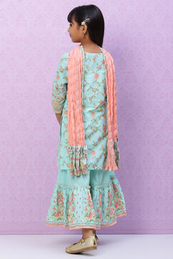 Turquoise Cotton Girls Straight Kurta Sharara Suit Set image number 5
