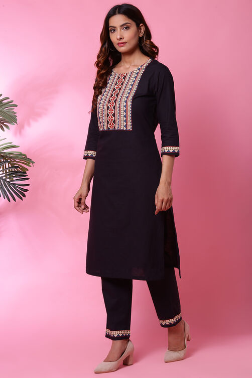 Black Cotton Kurta Pants Set image number 2