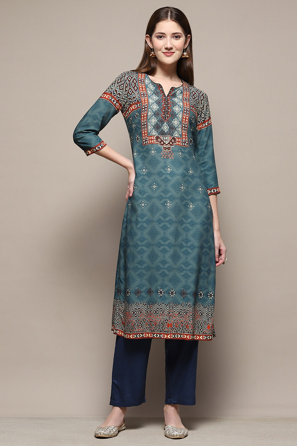 Teal Rayon Straight Printed Kurta image number 5