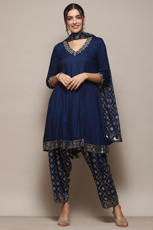 Blue LIVA Kalidar Kurta Salwar Pant Suit Set image number 7