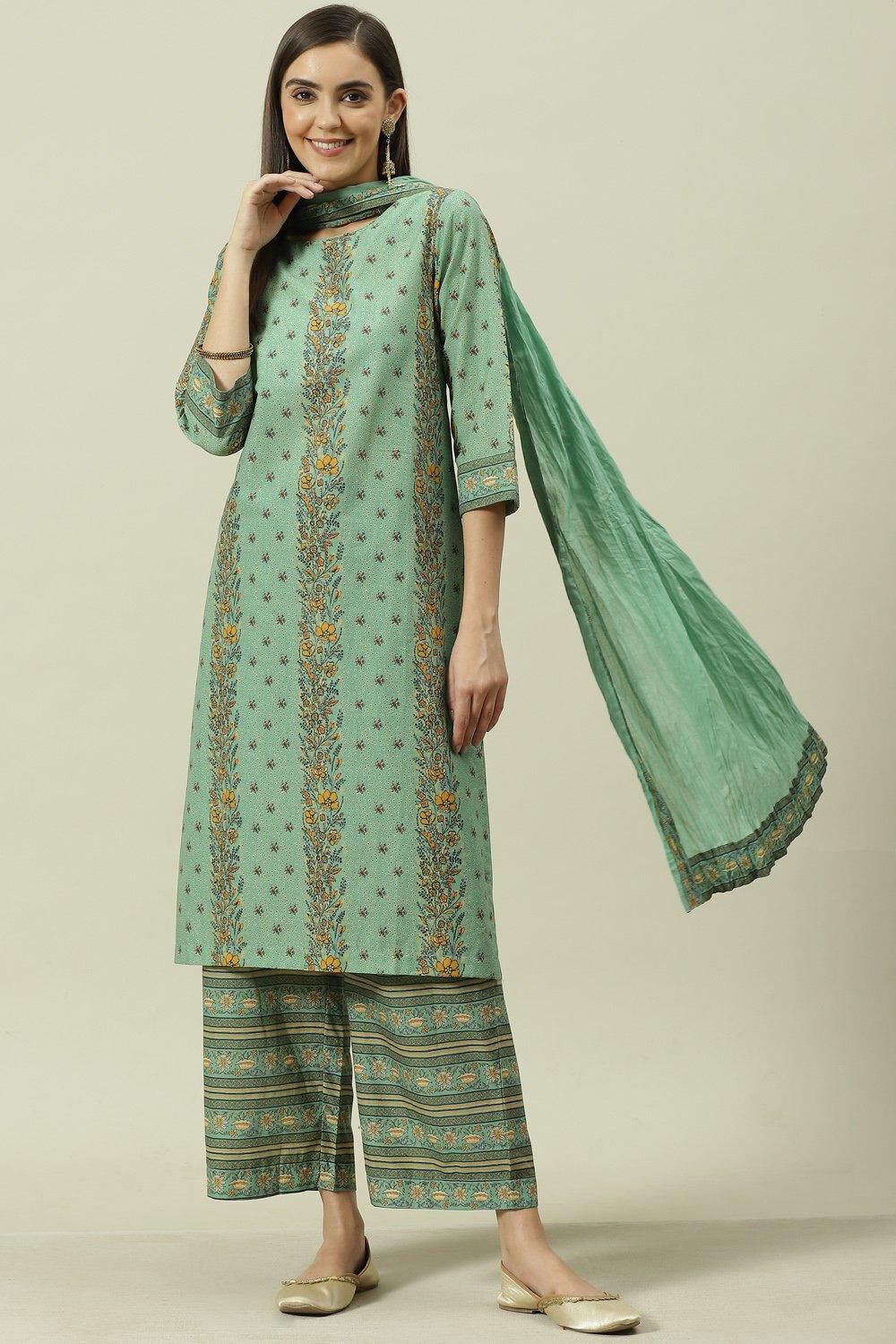 Sage Green Cotton Straight Kurta Palazzo Suit Set image number 0