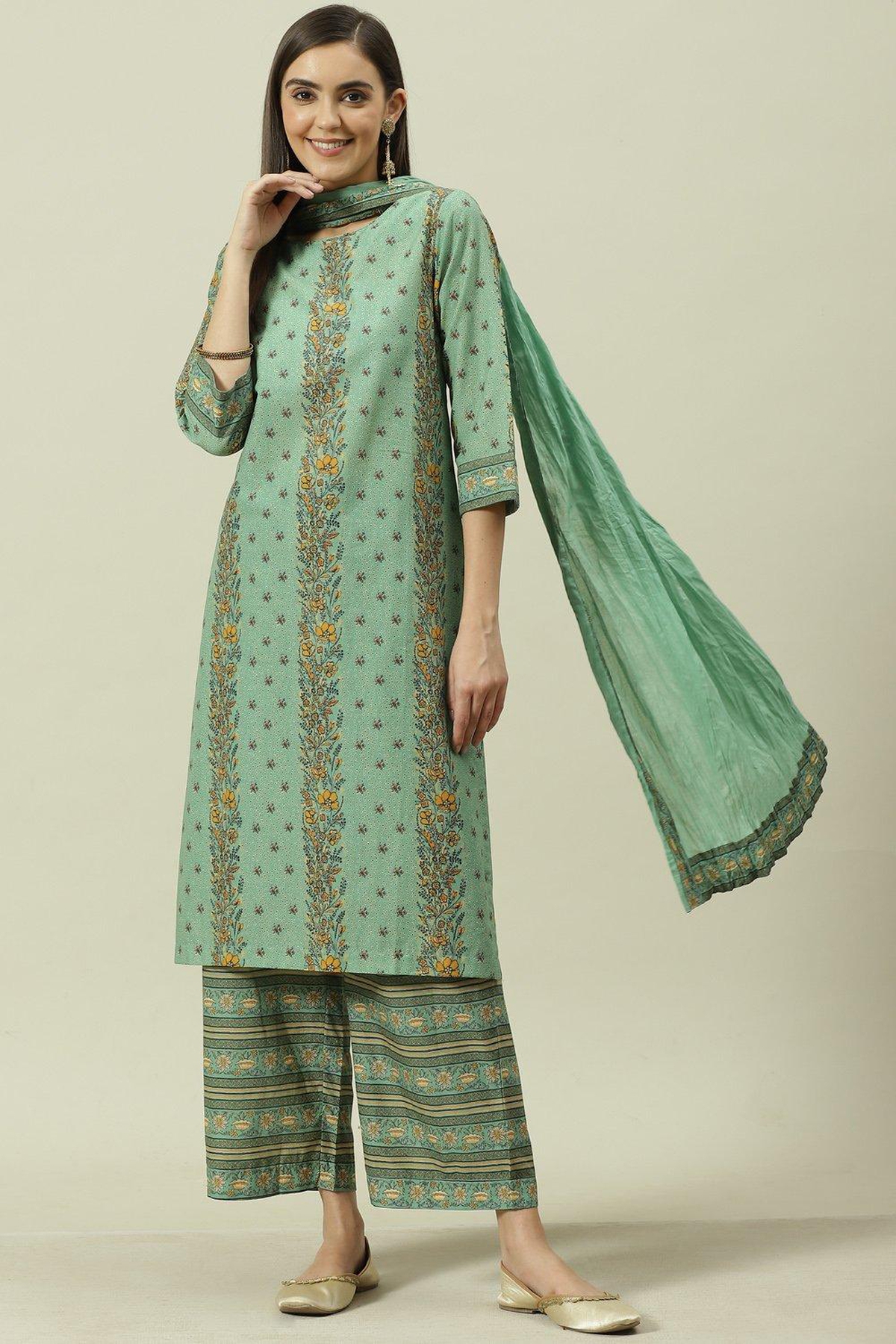 Sage Green Cotton Straight Kurta Palazzo Suit Set