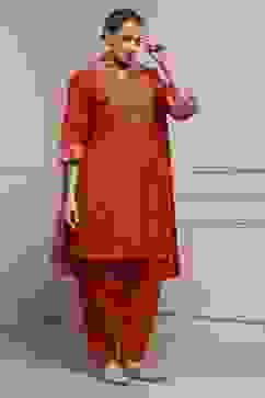 Burnt Orange Printed Straight Salwar Suit Set image number 5