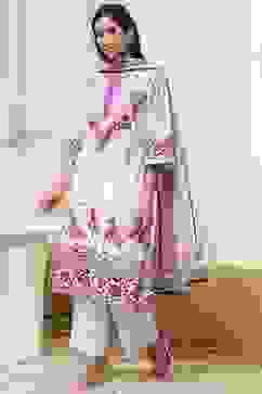 White and Pink Cotton Printed Straight Suit Set image number 3