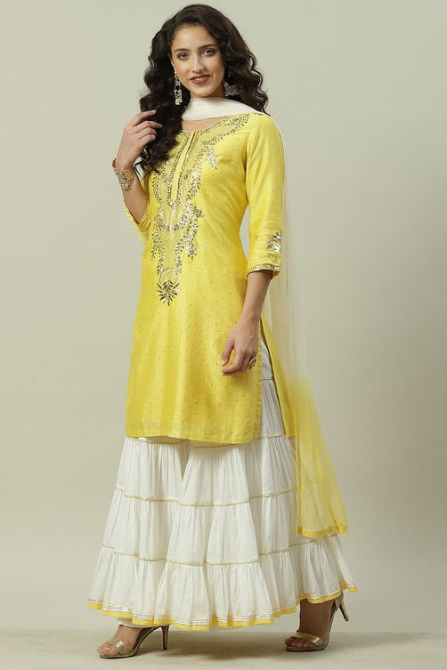 Yellow And White Cotton Silk Straight Kurta Garara Suit Set image number 3