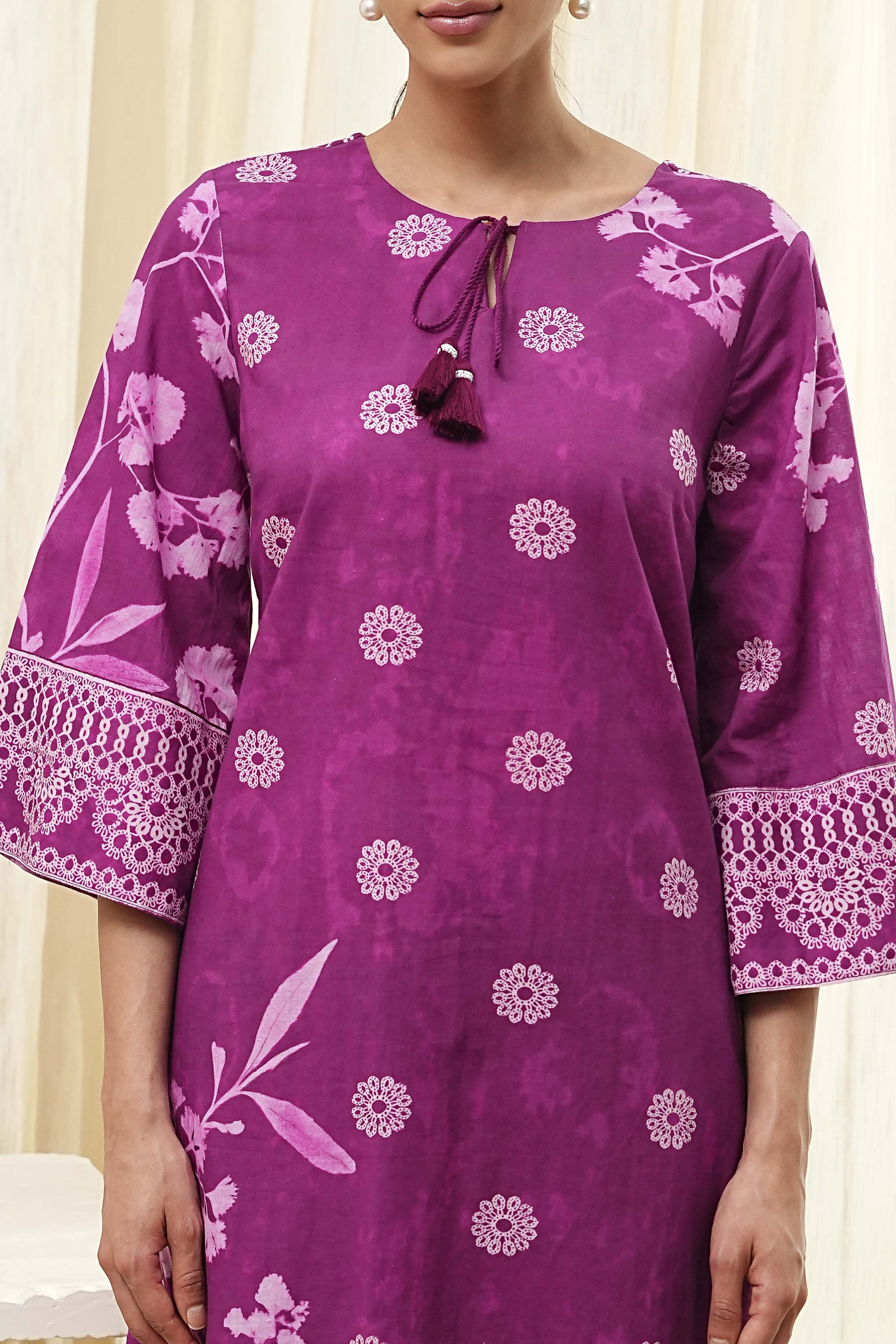 Berry Purple Cotton Straight Suit Set image number 1