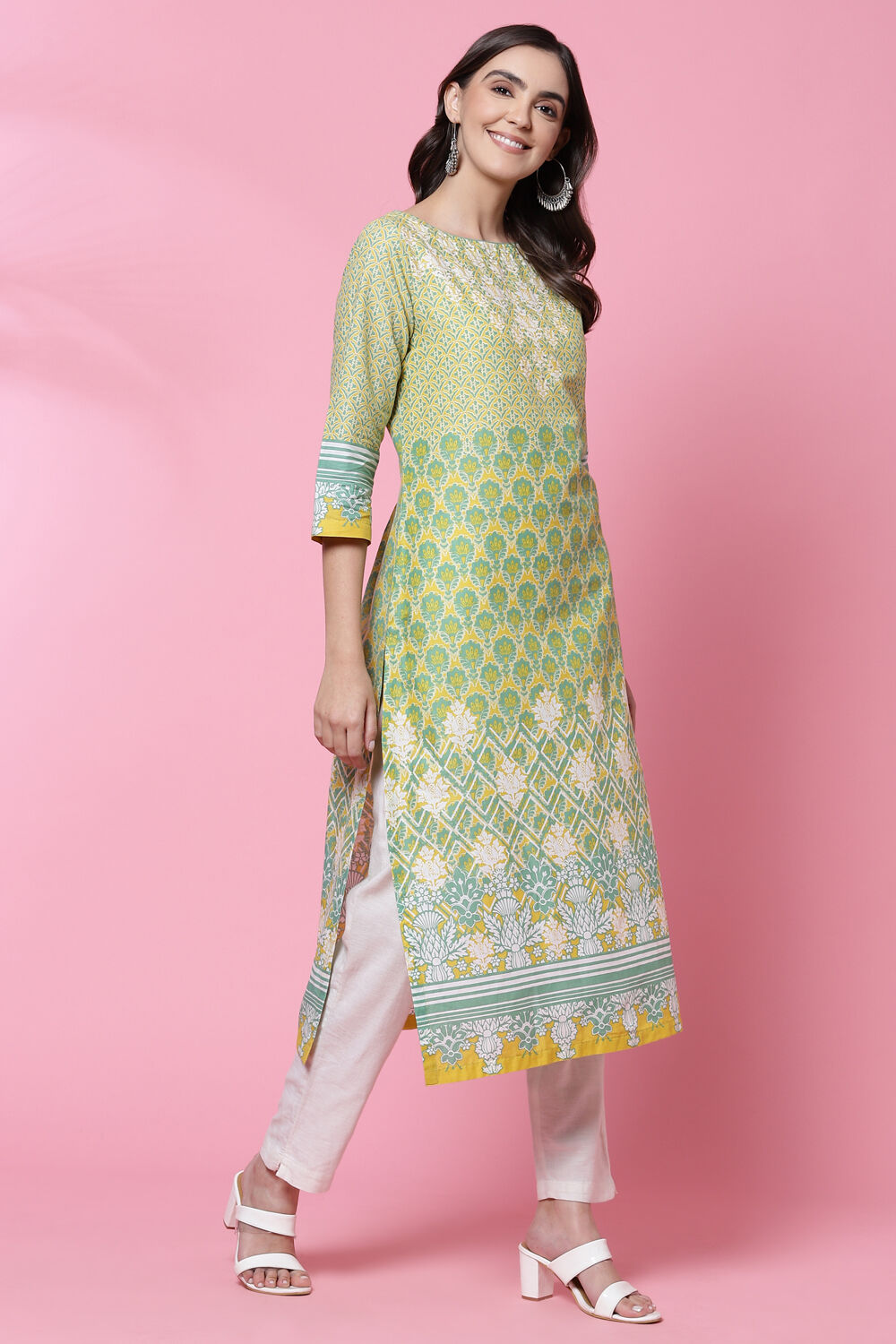Lime Yellow Cotton Straight Kurta image number 3