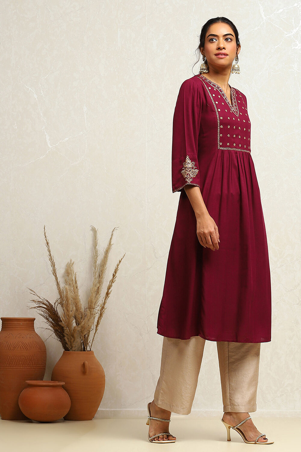 Orange Yoke Design Festive A-Line Kurta image number 4