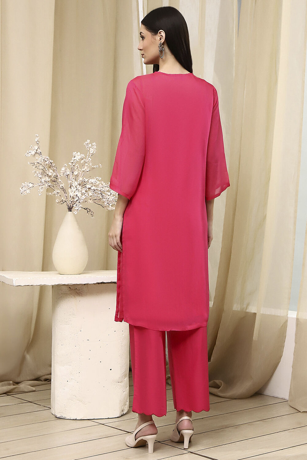 Fuchsia Embroidered Straight Suit Set image number 4