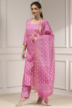 Pink Cotton Digital Print Unstitched Suit Set image number 4