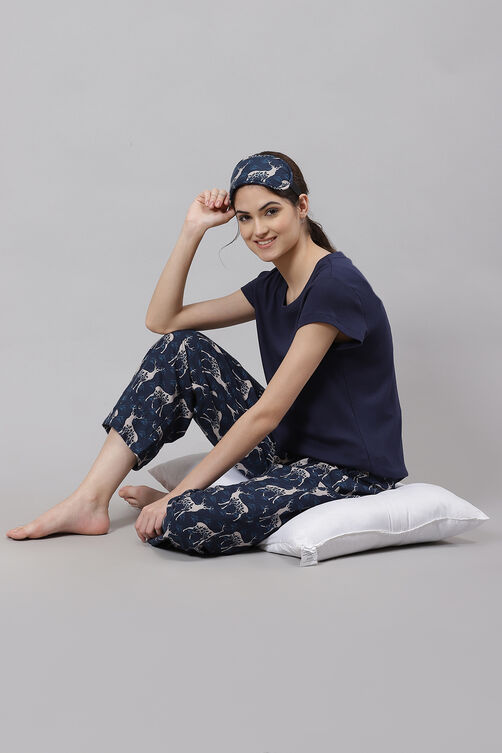 Navy Straight Viscose And Acrylic Three Piece Sleepwear Set