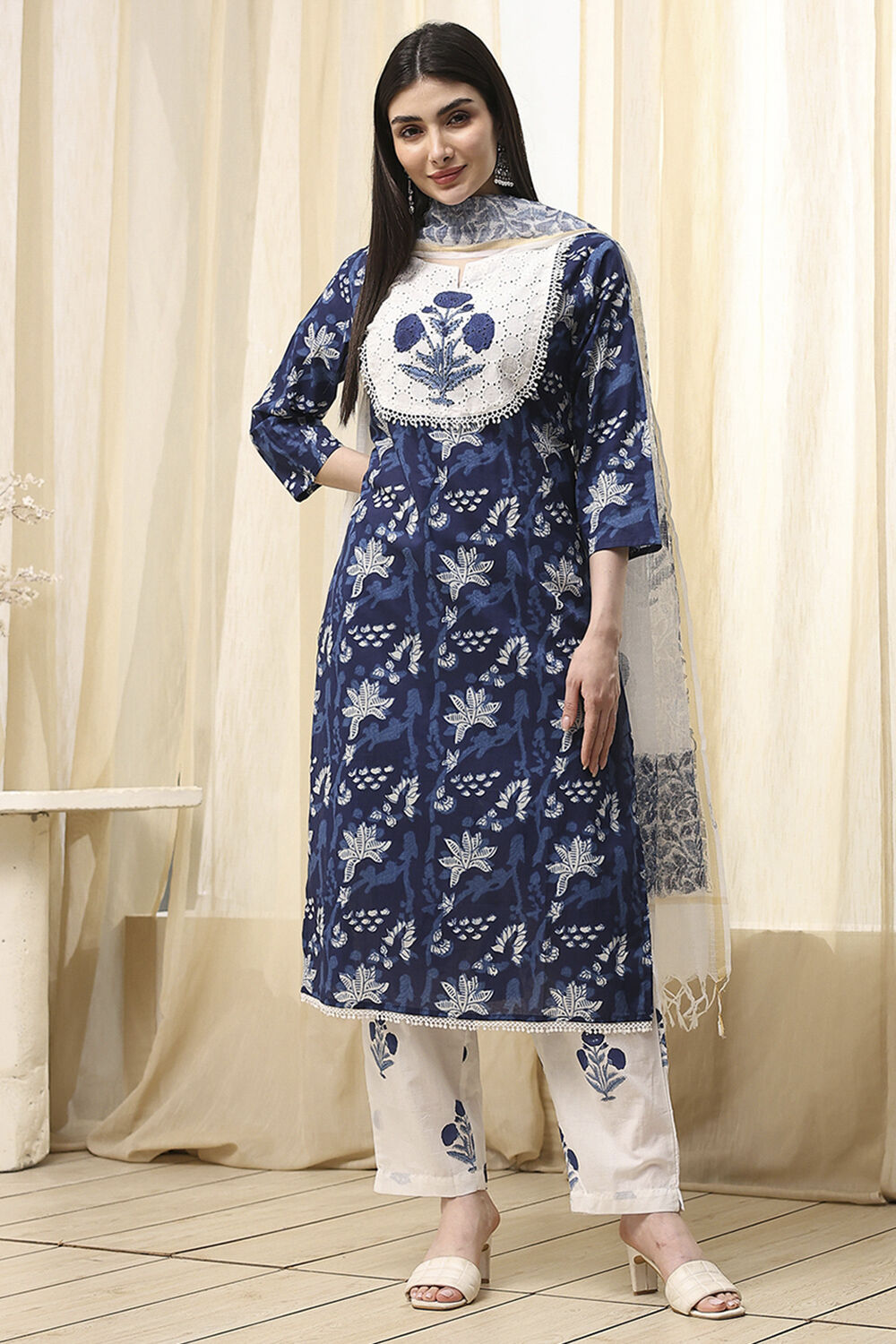 Blue Cotton Unstitched Suit Set image number 1
