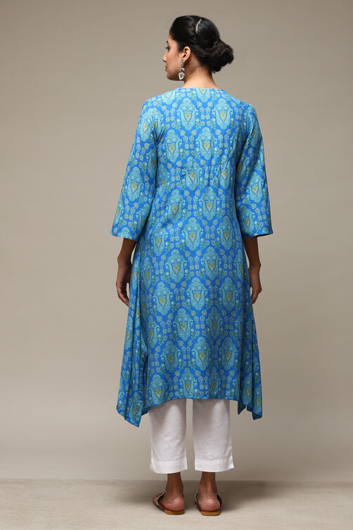 Blue Rayon Straight Printed Kurta image number 3