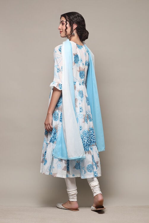 White & Blue Cotton Anarkali Kurta Churidar Suit Set image number 4