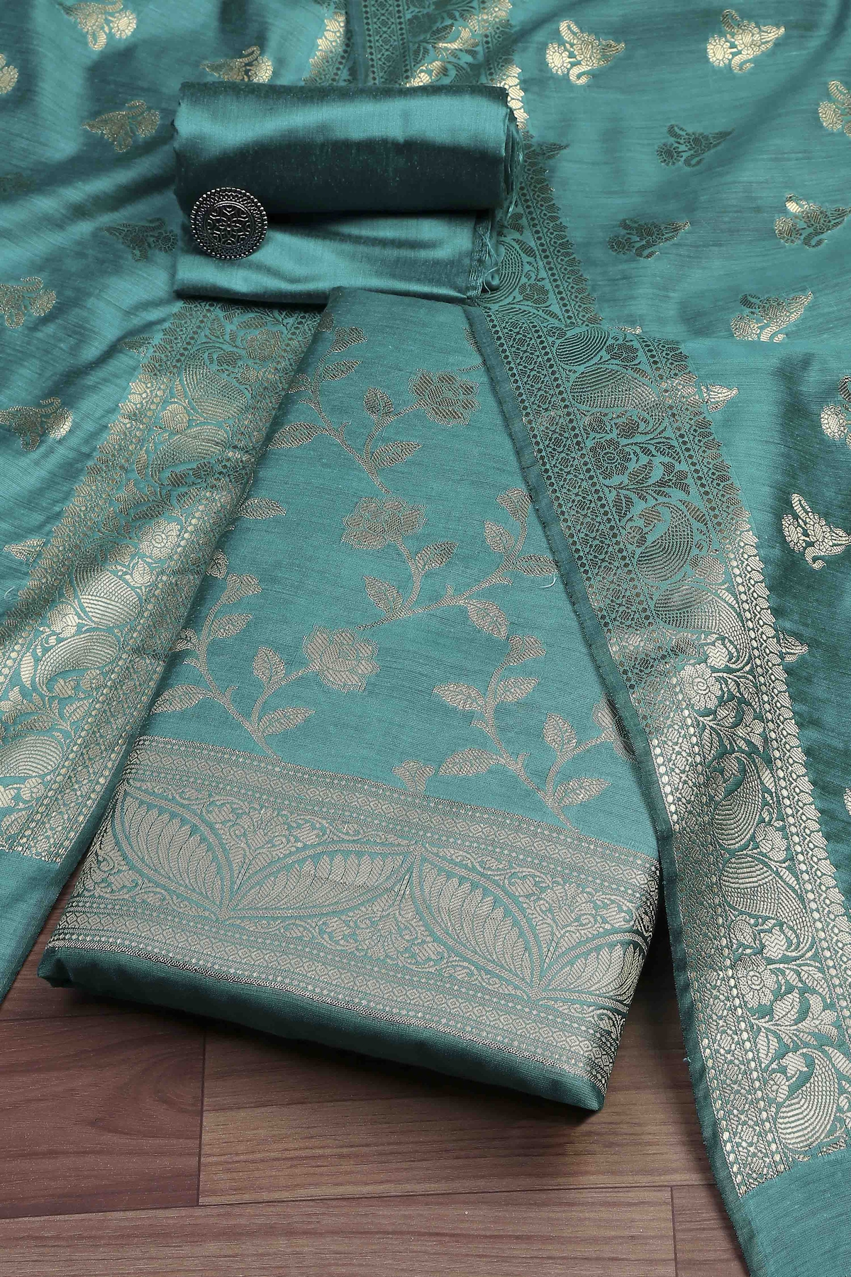Teal Cotton Printed Embroidered Unstitched Suit Set