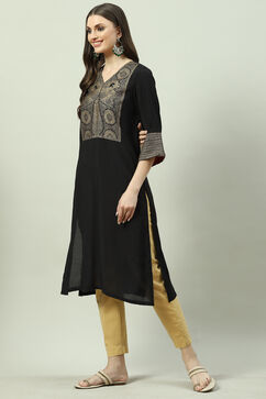 Black LIVA Straight Printed Kurta image number 2