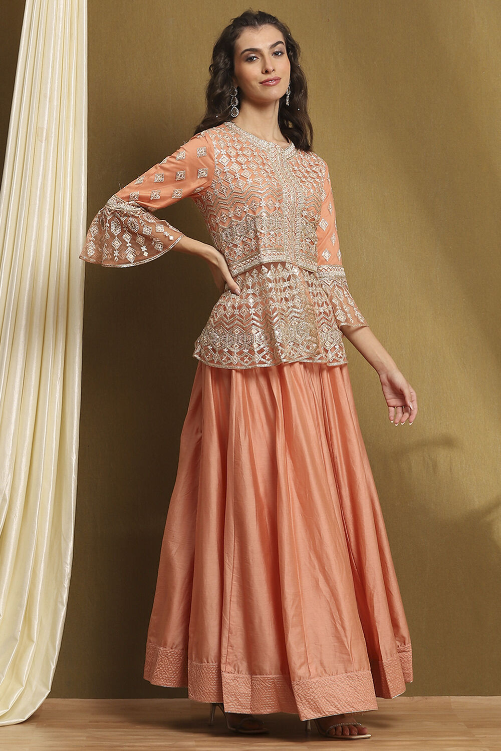 Peach Net Embroidered Peplum Kurta Lehenga Set image number 5