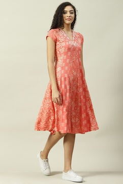 Coral Art Silk A-Line Fusion Printed Dress image number 3