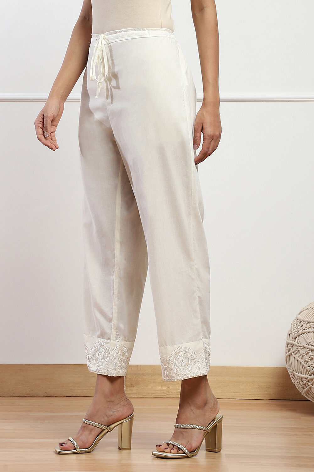 Off White Cotton Regular Solid Palazzo image number 2