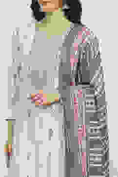 Grey Cotton Printed Embroidered Unstitched Suit Set image number 2