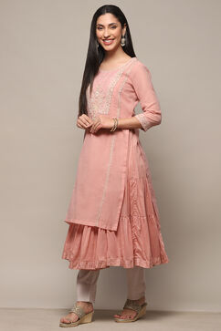 Dull Pink Polyester Blend A-Line Kurta image number 2