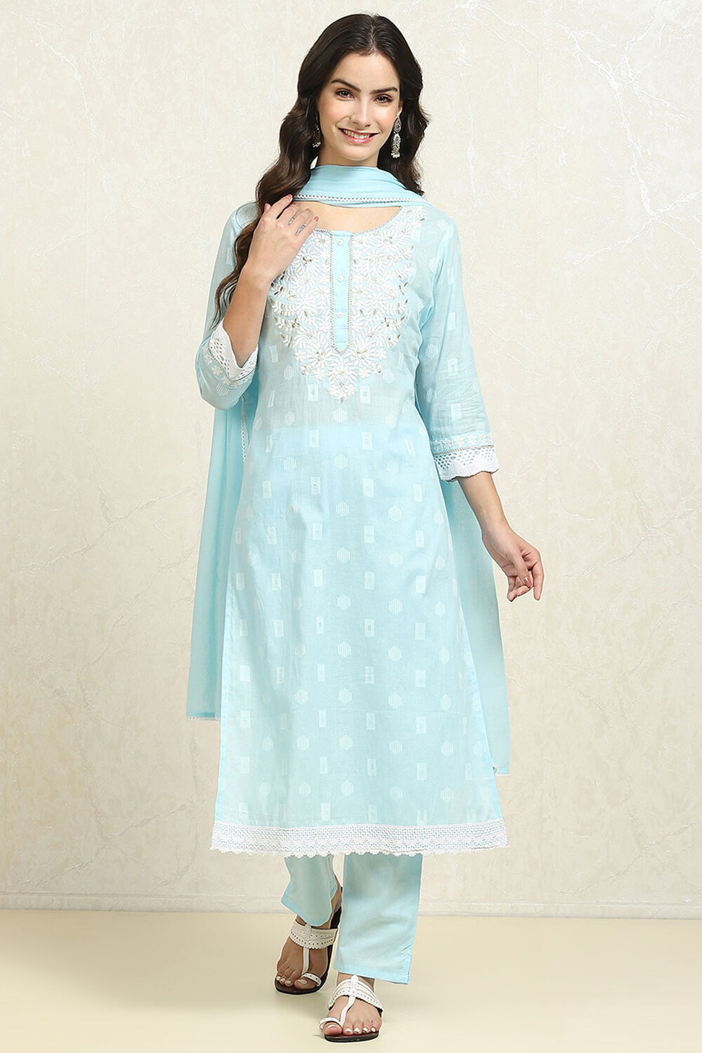 Blue Cotton Handloom Unstitched Suit Set image number 1