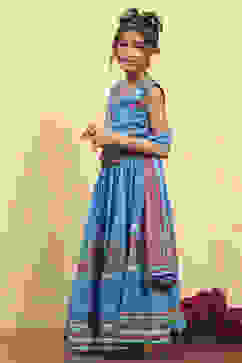 Blue Cotton Printed Straight Lehenga Set image number 3