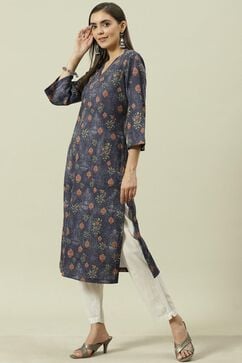 Navy Blue A Line Terry Rayon Printed  Kurti image number 2