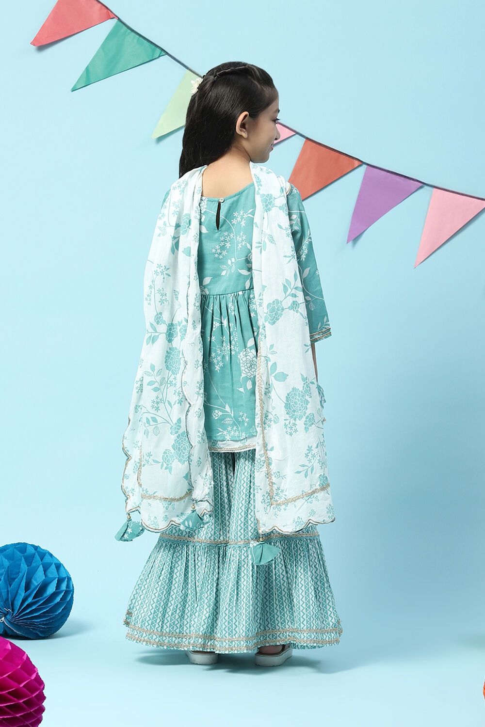 Sea Green Cotton Flared Kurta Garara Suit Set image number 4