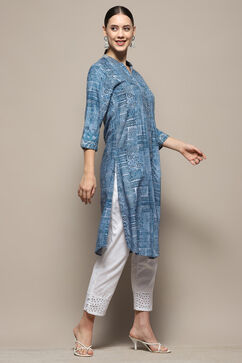 Blue Gathered Printed Straight Kurta image number 5