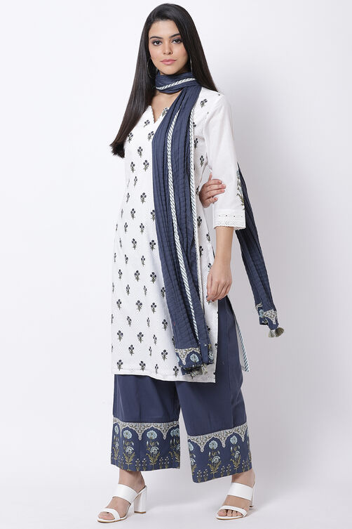 White Cotton Straight Kurta Palazzo Suit Set image number 2