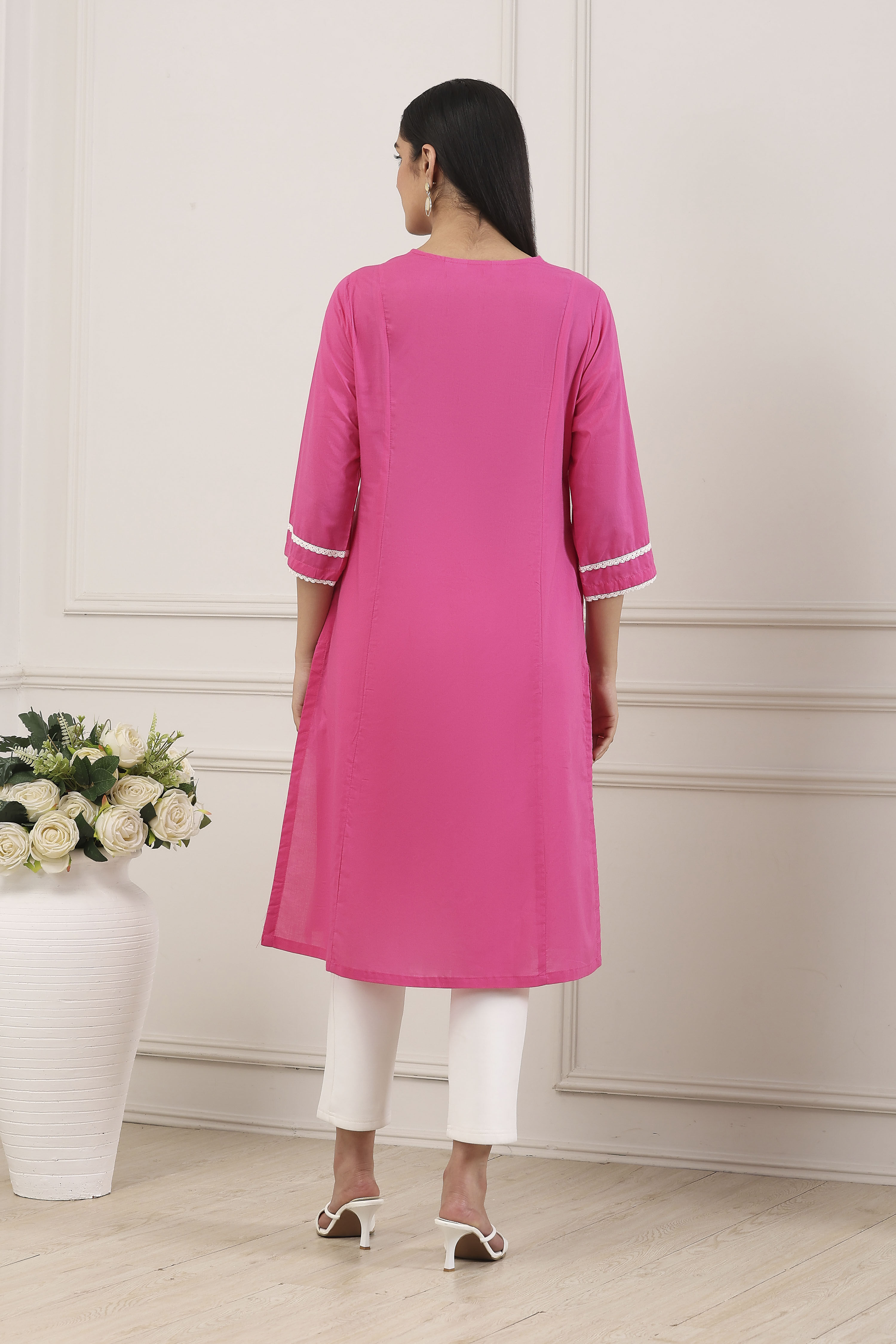 Pink Cotton Straight Kurta image number 3