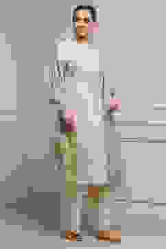 Beige Cotton Linen Yarn-Dyed Embroidered Straight Suit Set image number 5