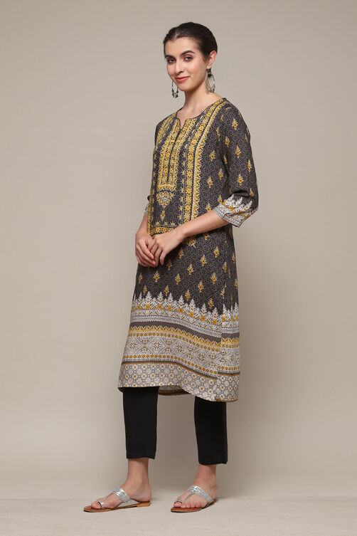 Charcoal LIVA Straight Printed Kurta image number 2