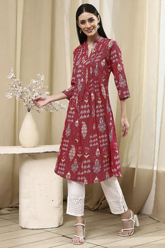 Pink Cotton Printed A-Line Kurta image number 2